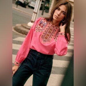 Sézane Tam Blouse with Embroidered Bib and Cuffs